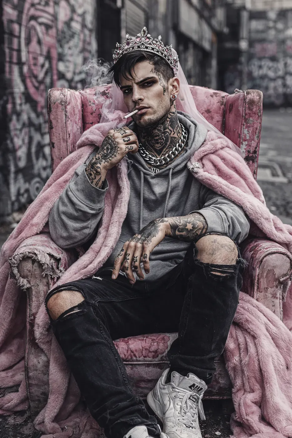 Campaña Prinsesos: chico tatuado con corona y abrigo rosa sentado en un trono en un callejón